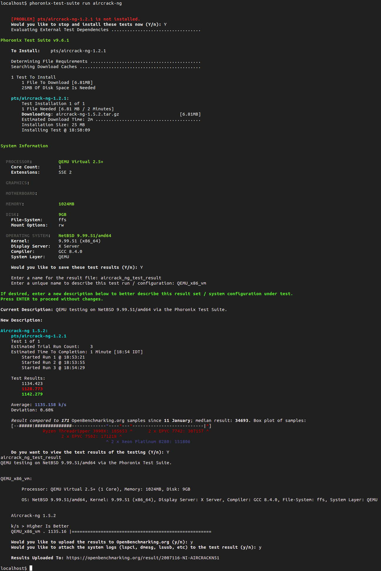 Screenshot of aircrack-ng PTS test-profile results