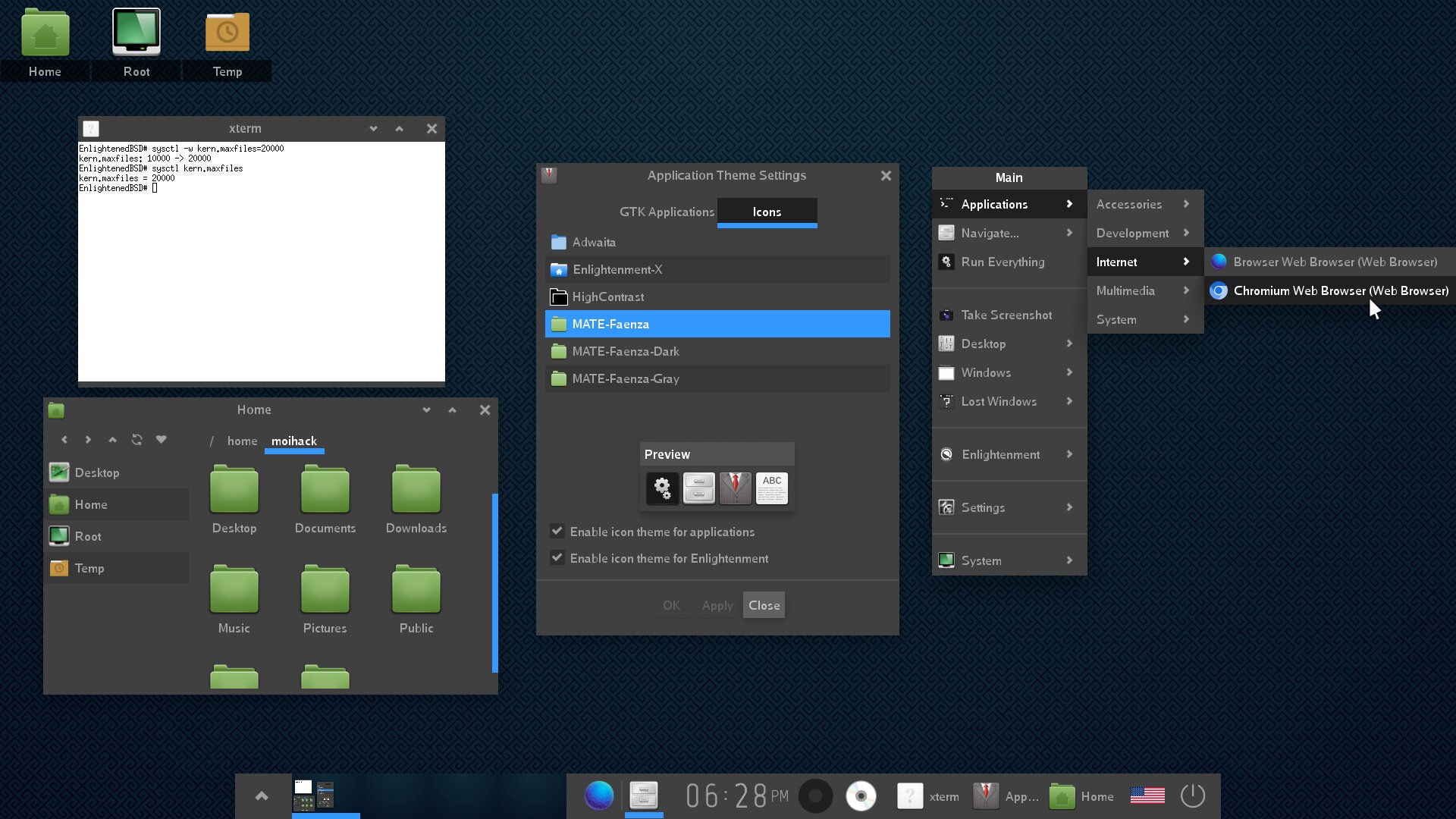 Screenshoot of Enlightenment desktop showcasing detected, available icon themes. Mate Faenza theme has been selected and is being used by Enlightement's file manager to display green tinted folder icons according to the theme.