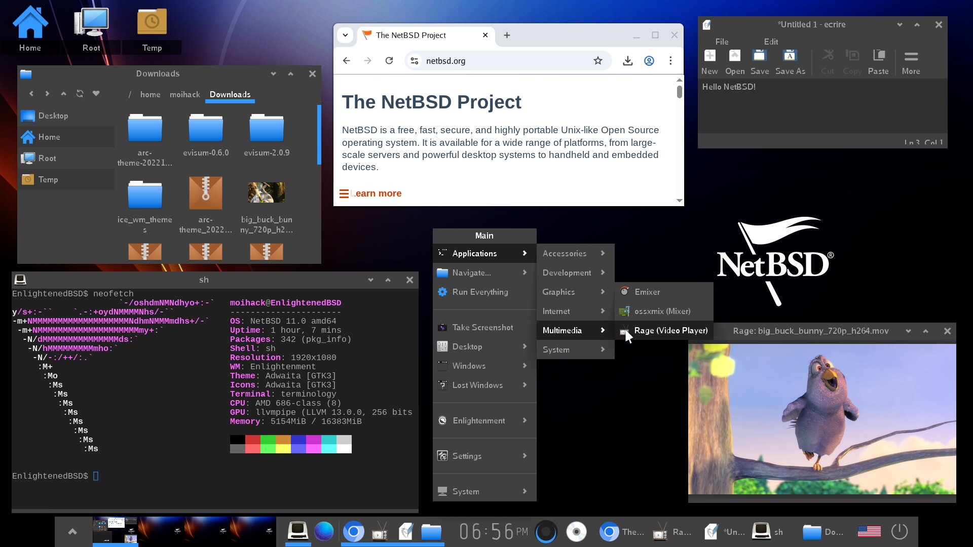 Screenshoot of Enlightenment desktop in action, showcasing an open file manager window displaying icons based on current theme, application menu is also open showing icons correctly, a movie is being played in Rage video player, Chromium Browser is open in NetBSD's page, Terminology (Enlightenment's terminal) is running neofetch and ecrire (Enlightenment's text editor) has an unsaved file open.