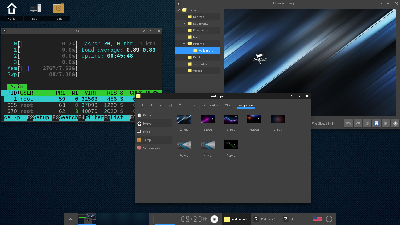 Screenshot of Enlightenment desktop showing htop running in Enlightenment's terminal (terminology), Enlightenment's file manager displaying a folder with images and Enlightenment's image viewer (ephoto) displaying one of these images.