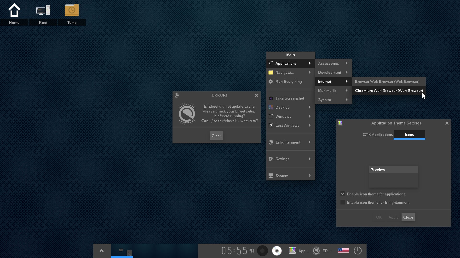 Screenshoot of efreetd error not updating cache. No icon themes are detected by Enlightenment and no icons are shown in application menu.