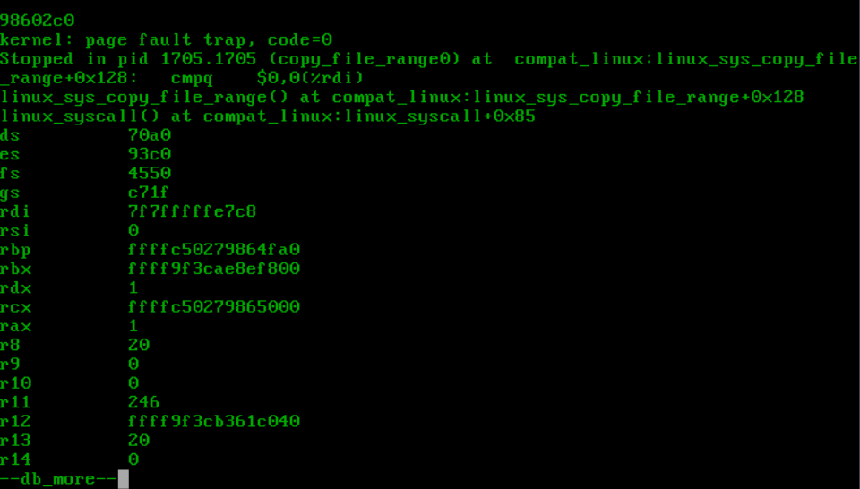 Screenshot of ddb(4) showing the copy_file_range() kernel panic trace and registries