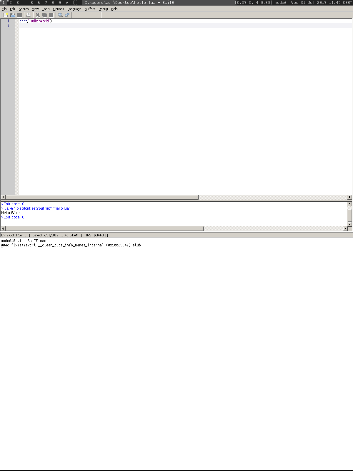 Running SciTE and Lua in wine on NetBSD/amd64